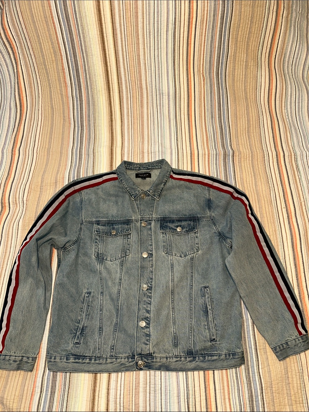 Upcycled PacSun Light Blue Denim Jacket with Red, White and Navy Sleeve Stripes - Picture 1 of 5